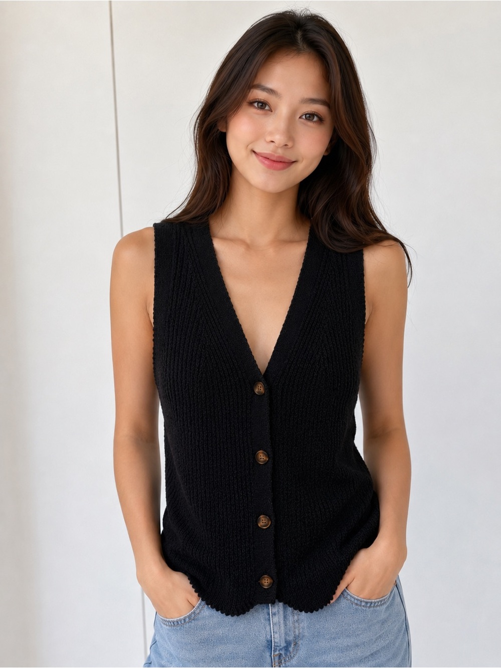 Zenana Outfitters Black V-Neck Button Knit Vest